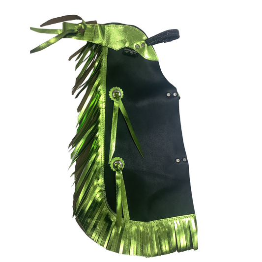 KIDS RODEO CHAPS BLACK LEATHER WITH GREEN METALLIC FRINGE