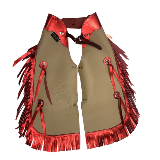 KIDS RODEO CHAPS LIGHT OIL LEATHER WITH RED METALLIC FRINGE