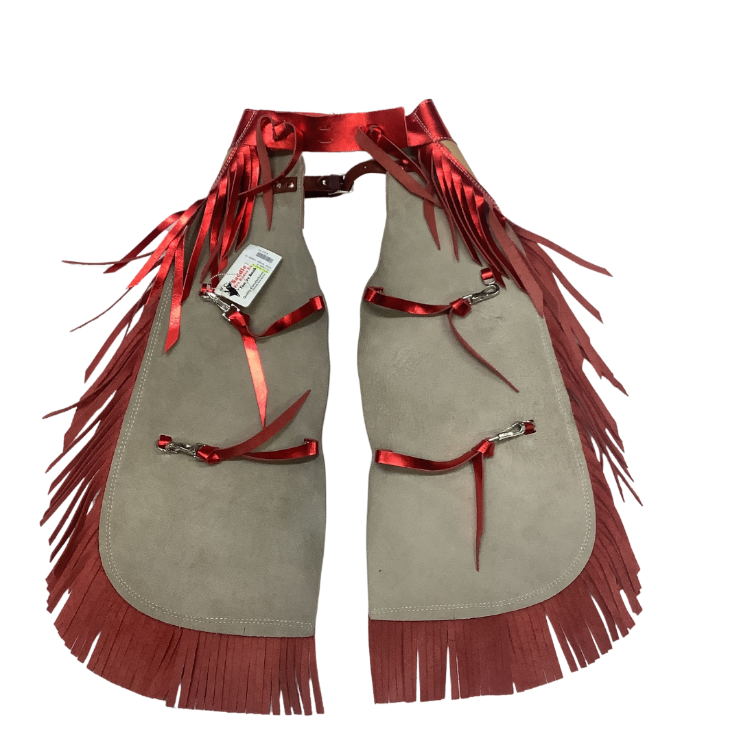 KIDS RODEO CHAPS LIGHT OIL LEATHER WITH RED METALLIC FRINGE