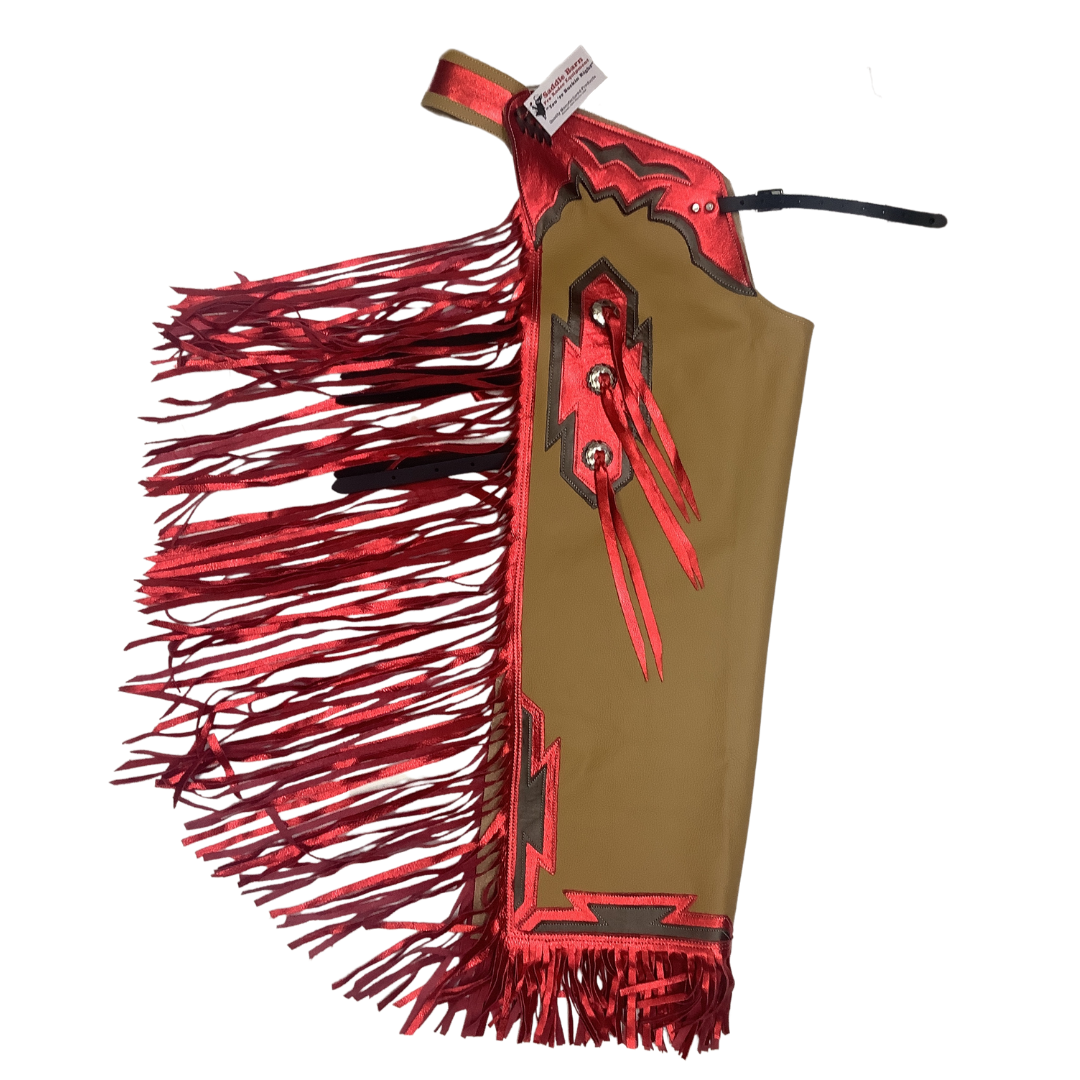 RODEO CHAPS CUSTOM LIGHT OIL WITH RED METALLIC FRINGE SB32/6-CDGHJK-F-LM
